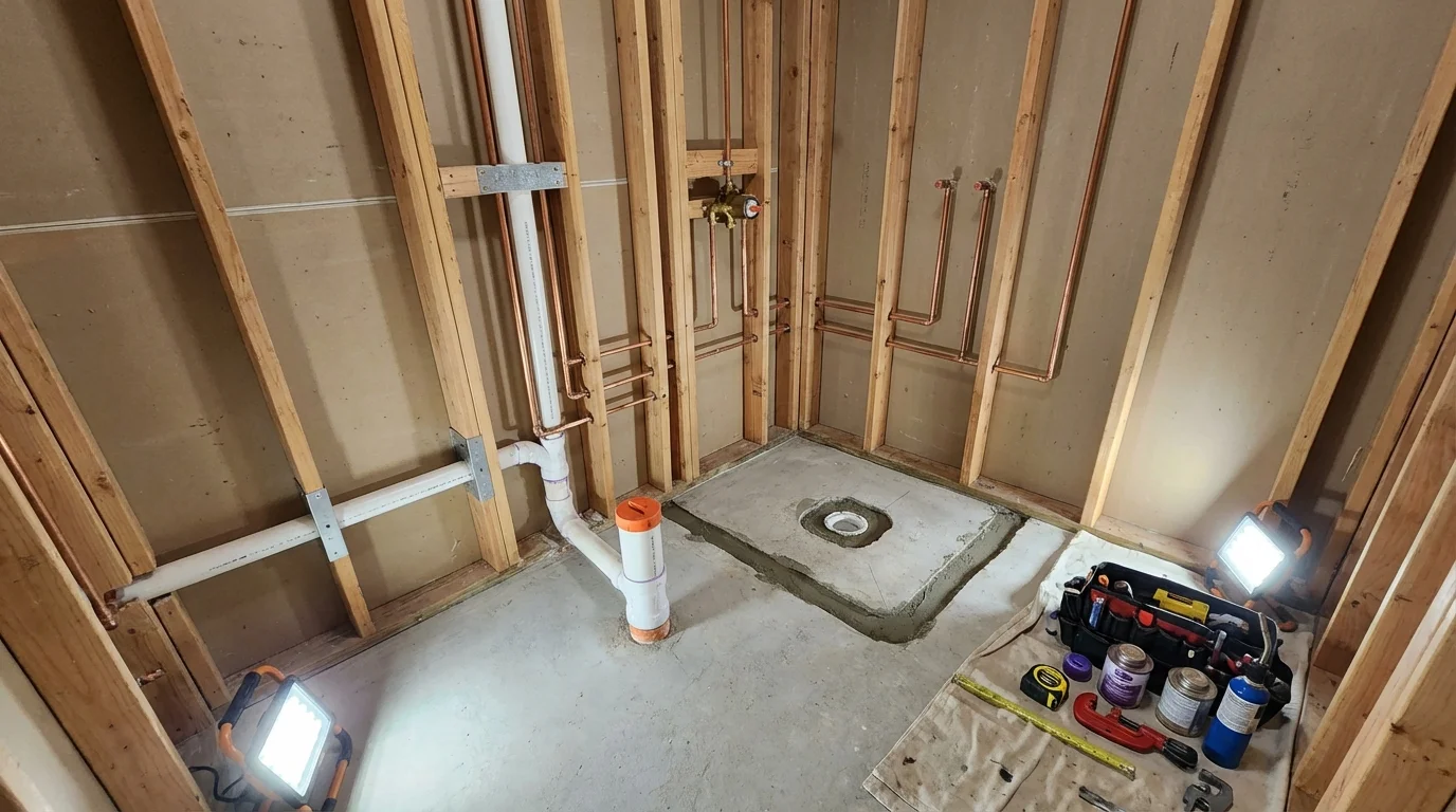 Bathroom rough-in plumbing during remodel by Johns Plumbing LLC in Wausau