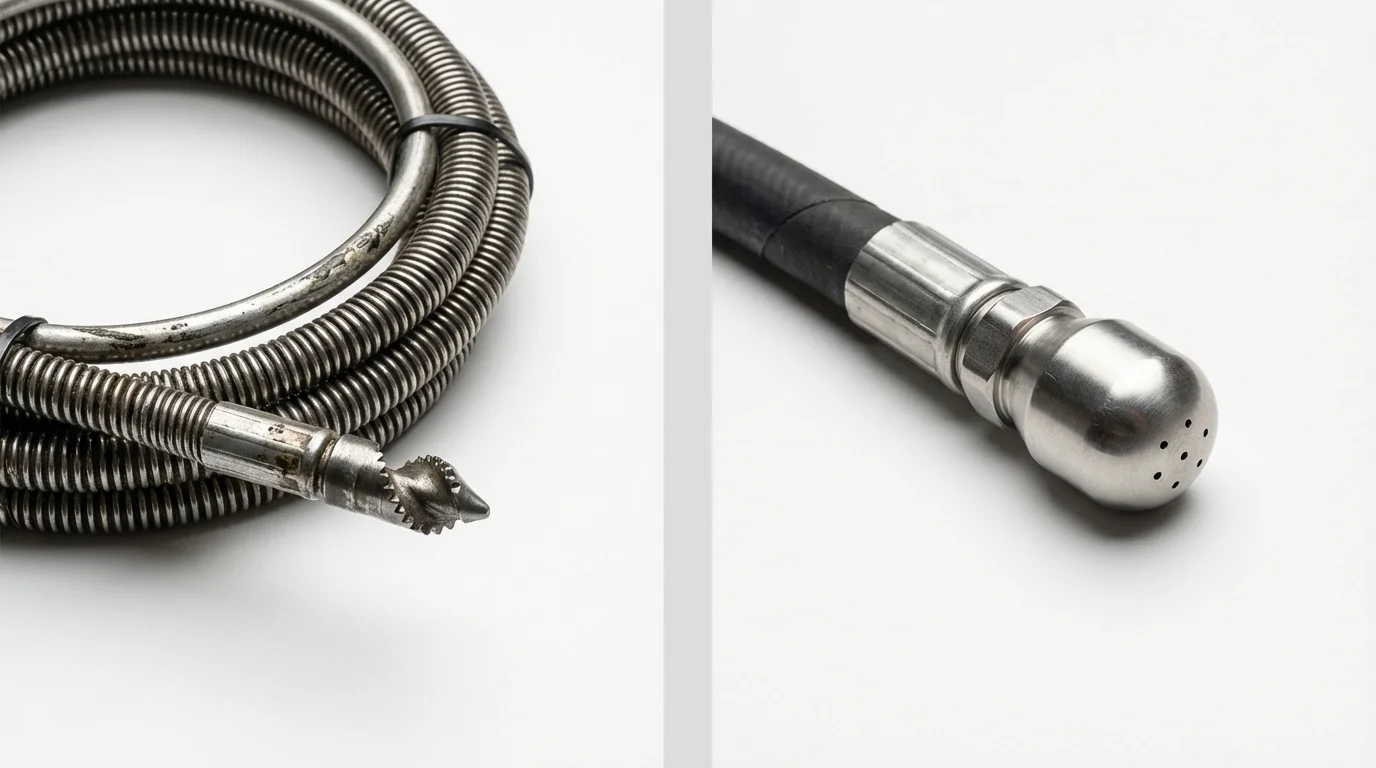 Drain snake cable and hydro jetting nozzle used for drain cleaning in Wausau, WI