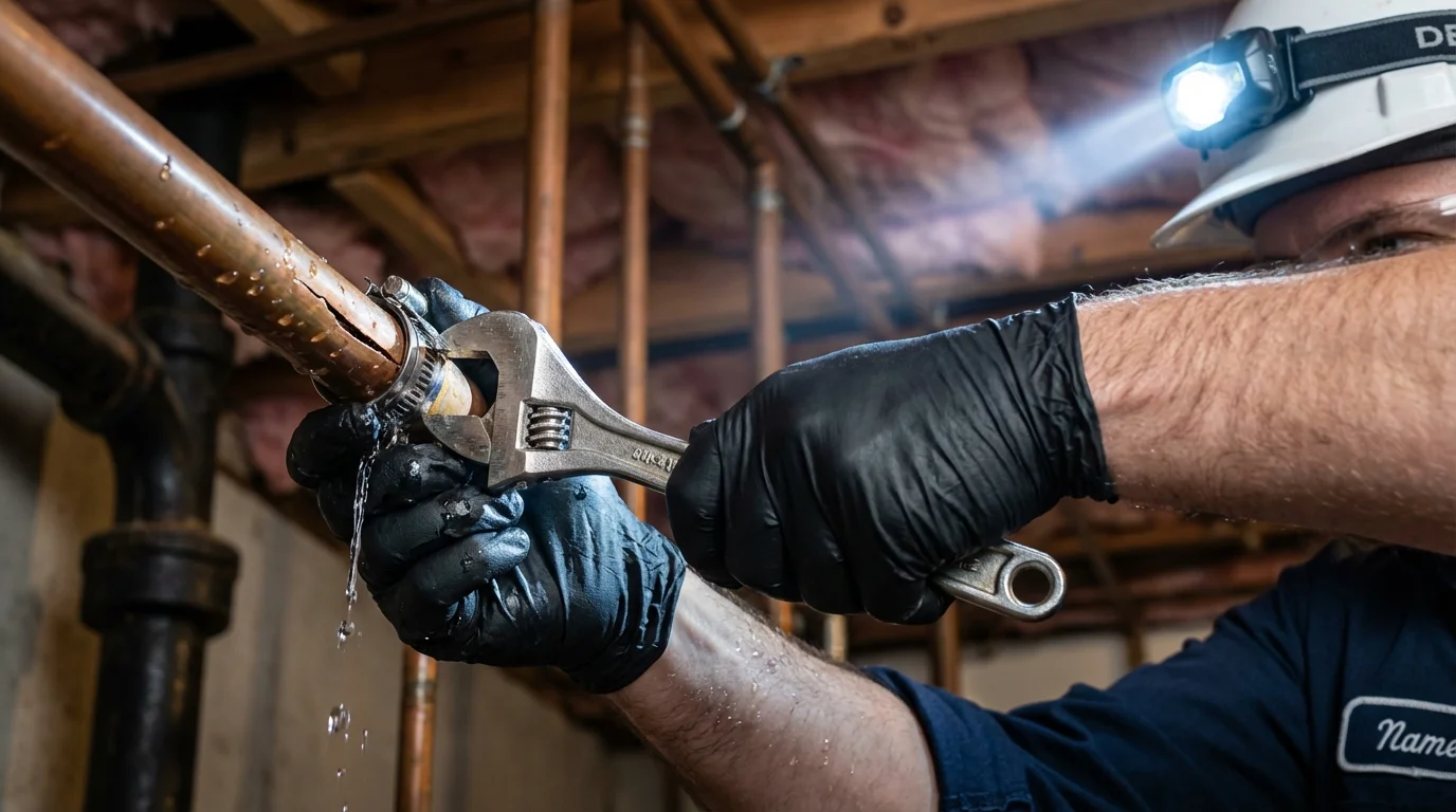Emergency pipe clamp repair being performed by a Johns Plumbing LLC plumber in Wausau