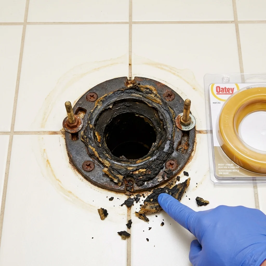 Failed wax ring showing water seepage at the base of a toilet in a Wausau, WI home