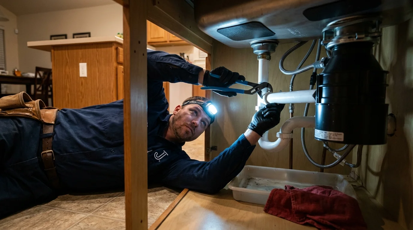 P-trap and supply line connections under a kitchen sink showing a common leak point in Wausau, WI